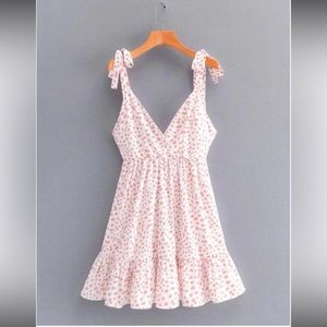 Women’s V Neck A Line Polka Dot Tie Straps Dress, M